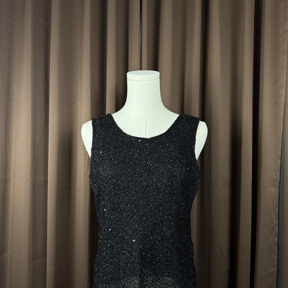 Vintage Scala Black Beaded Sequin Silk Tank Top Sheer Scoop Back XL